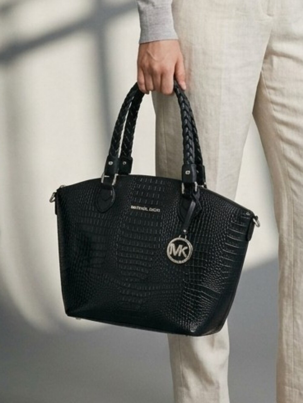 Michael Kors Black Croc Embossed Braided Handle Shoulder Tote Satchel Handbag